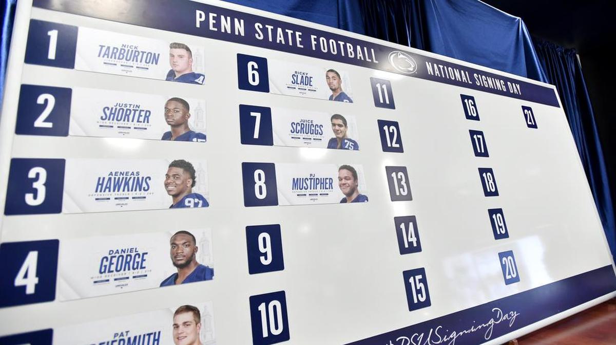 Names hang on the board of the players who signed with Penn State early on Dec. 20, 2017, during the early signing period. After national signing day on Wednesday, that now-full board is final.