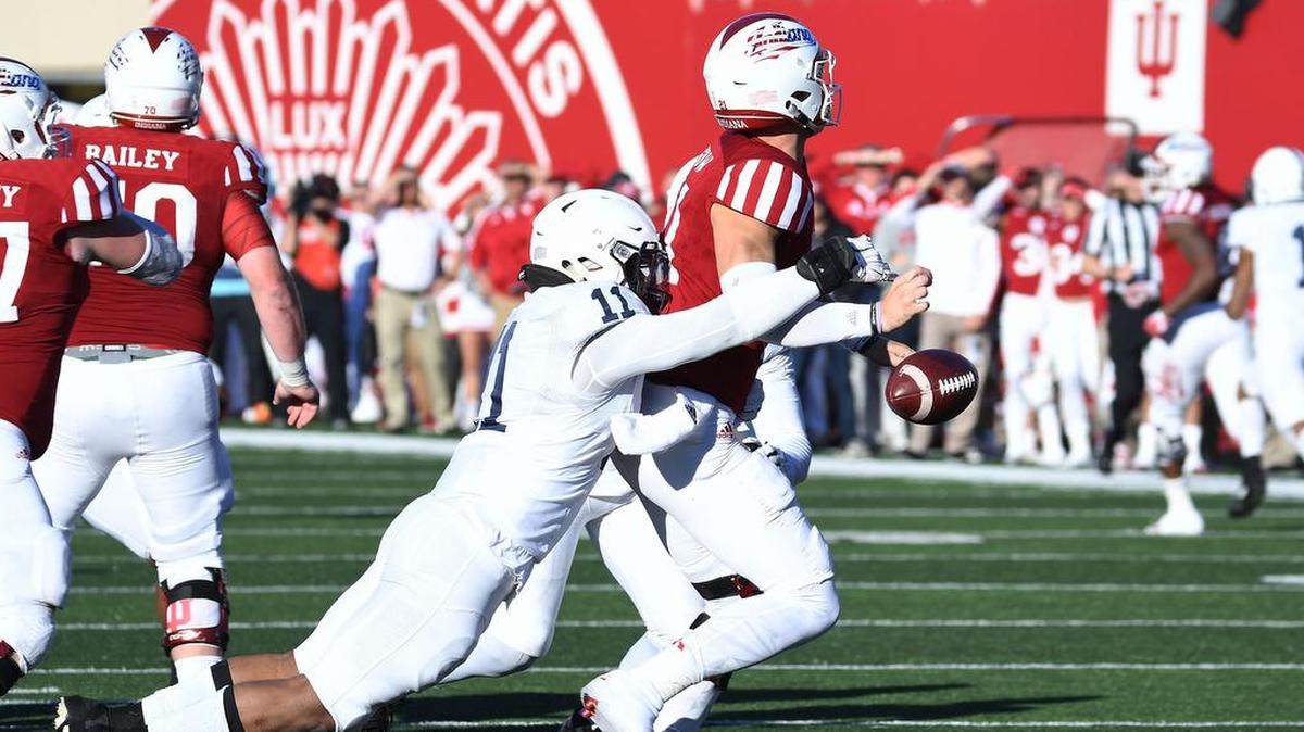 Penn State linebacker Brandon Bell (11) sacks Indiana quarterback Richard Lagow and forces a fumble late in the fourth quarter of Saturday’s game in Bloomington, Ind. Penn State defeated Indiana 45-31.