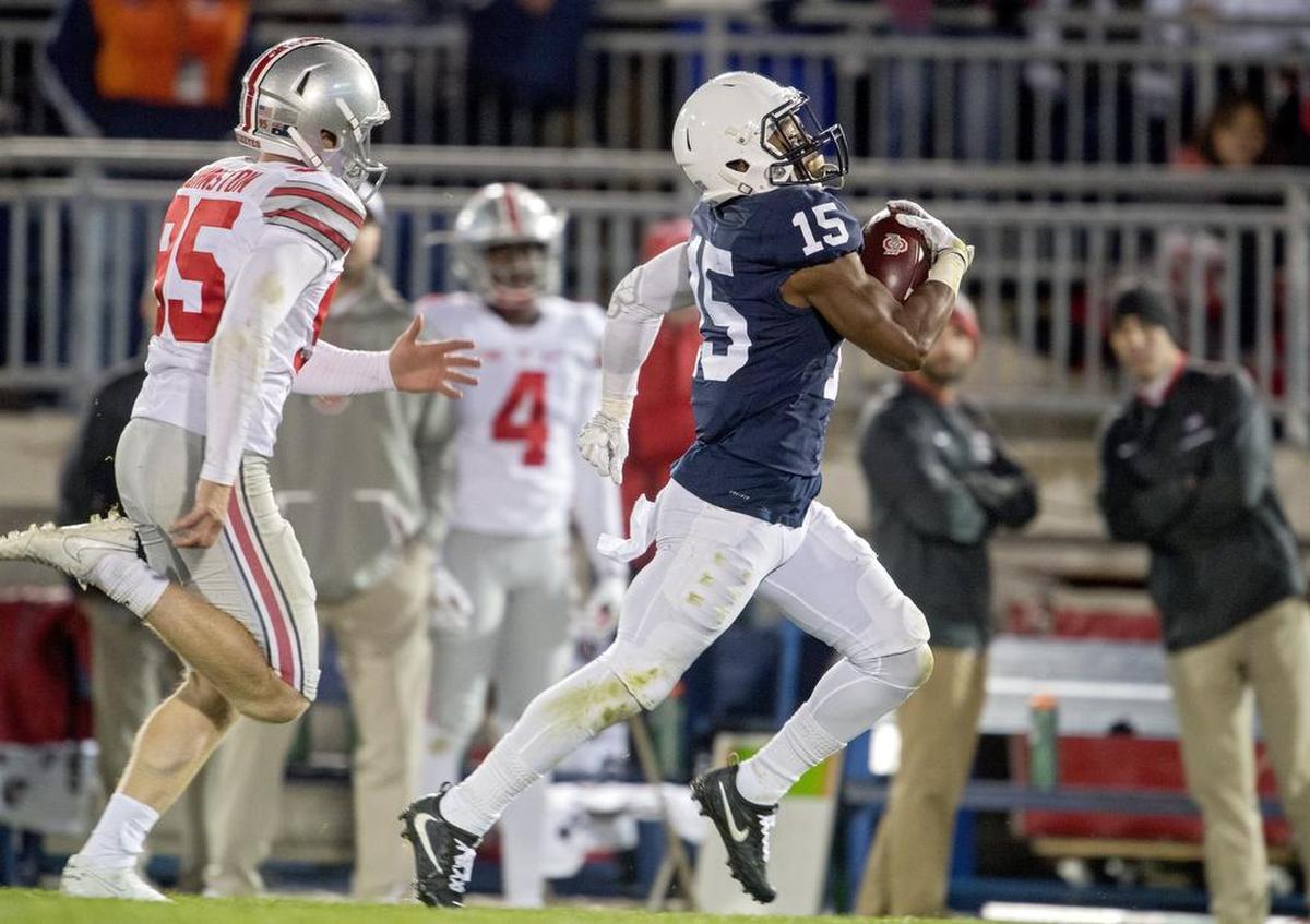 Penn State cornerback Grant Haley recovers the blocked field goal and returns it for a touchdown during the Saturday, October 22, 2016 game at Beaver Stadium. Penn State won, 24-21.