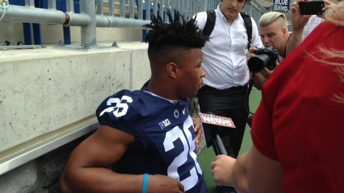 Saquon Barkley speaks to reporters at Penn State’s media day on Thursday. (Jourdan Rodrigue)