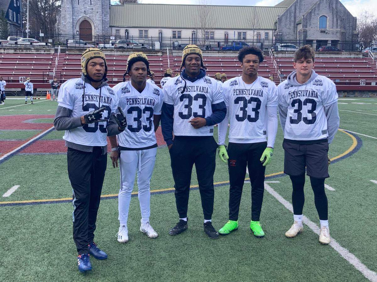 From left, safety Mehki Flowers (Central Dauphin East), wide receiver Anthony Ivey (Manheim Township), linebackers Ken Talley (Northeast) and Keon Wylie (Imhotep Charter), along with long snapper Blaise Sokach-Minnick (Wyoming Area) participated in the Big 33’s first practice this year. Each are set to join Penn State in the fall as freshmen.