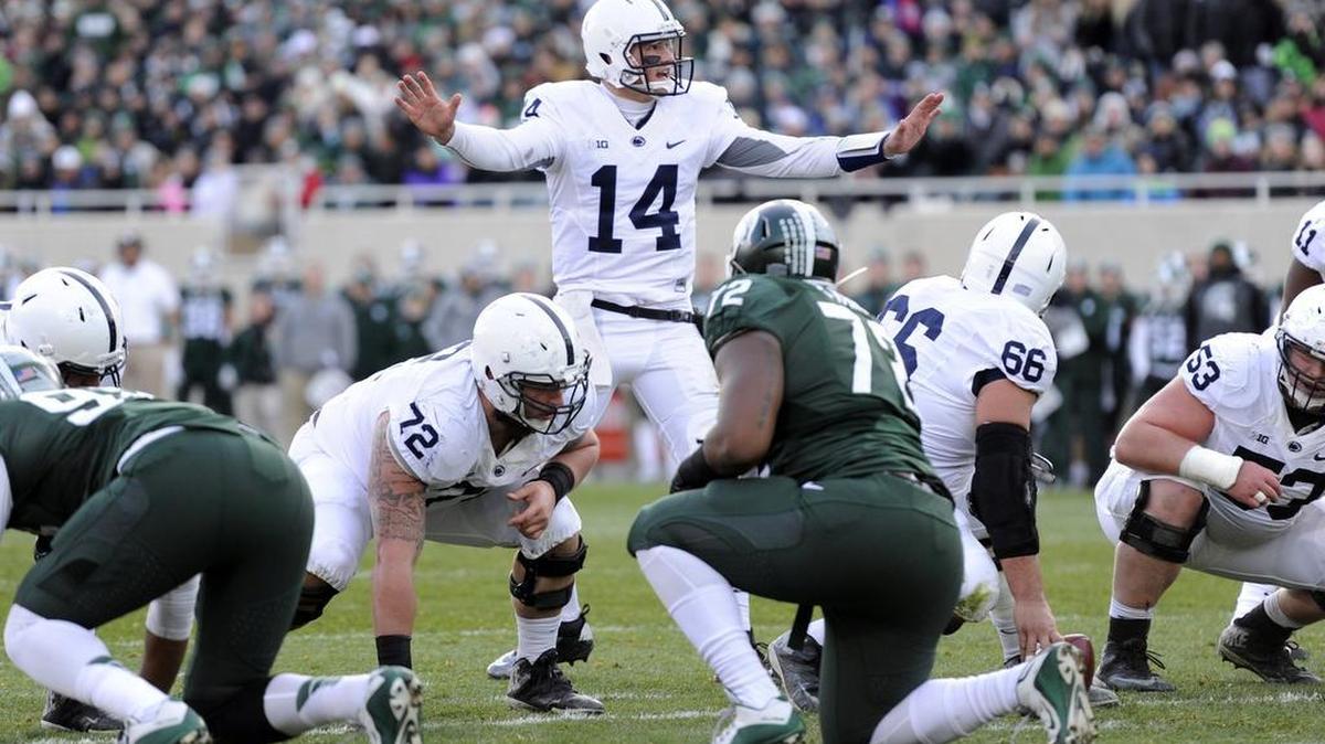 Penn State quarterback Christian Hackenberg calls a play against Michigan State during a football game in East Lansing, Mich. on Saturday, Nov. 28, 2015.