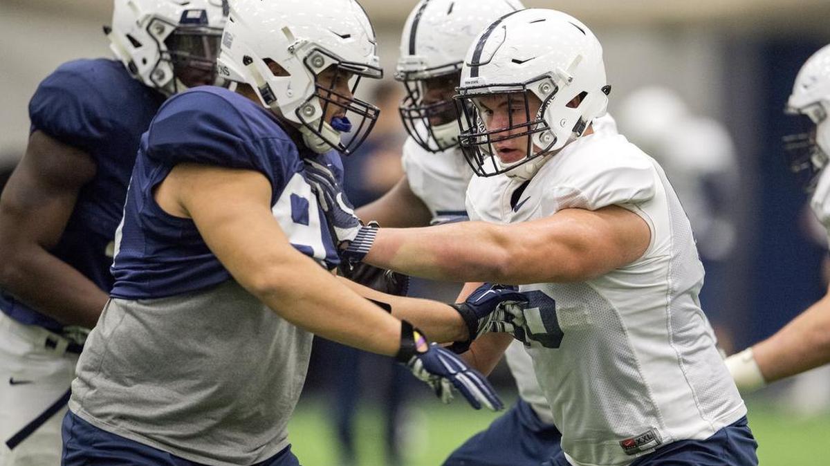 Penn State offensive lineman Connor McGovern blocks during a play at practice on Wednesday, November 16, 2016 in Holuba Hall.