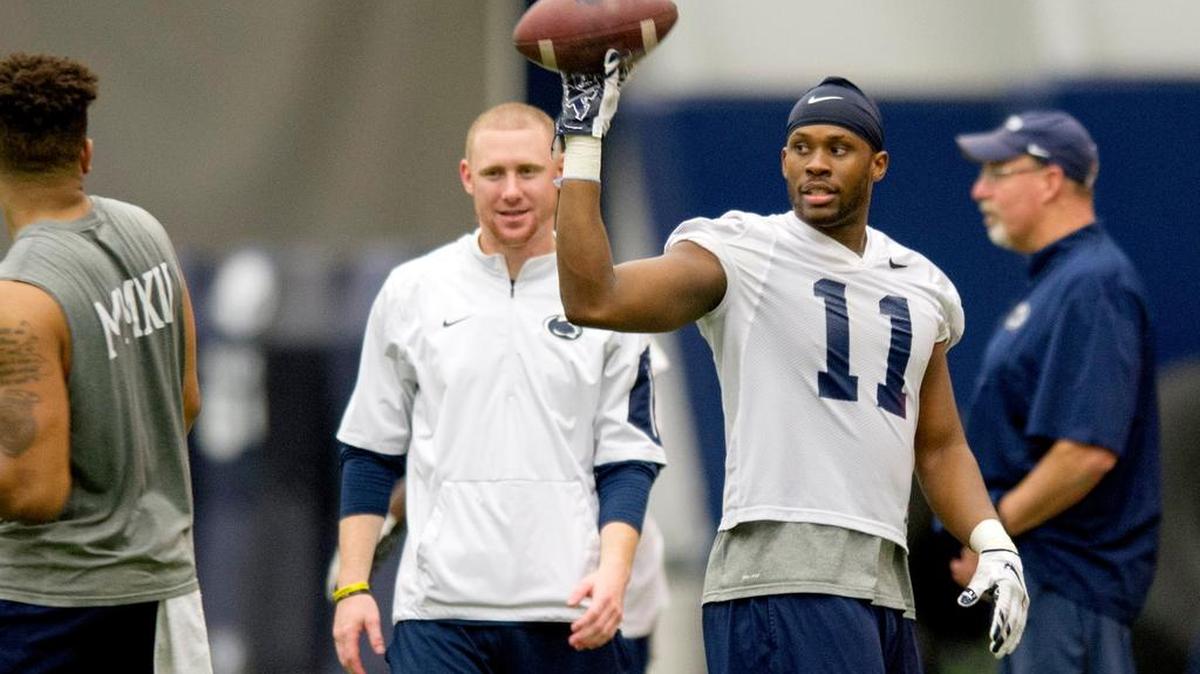 Penn State tight end Brent Wilkerson tosses the ball around with teammates after the Wednesday, October 28, 2015 practice in Holuba Hall.