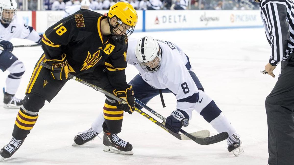 Penn State’s Chase Berger, facing Arizona State’s Anthony Croston last season, and the rest of the Nittany Lions hockey team will hit the road for a rematch with the Sun Devils this weekend.