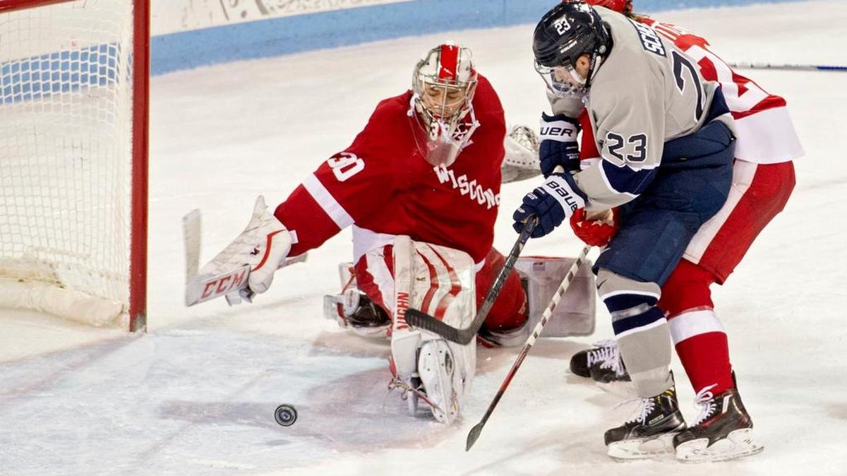 Penn State’s Eric Scheid scores a goal against Wisconsin in a 4-1 Nittany Lion in in January. Penn State faces the Badgers in the Big Ten Tournament on Thursday.