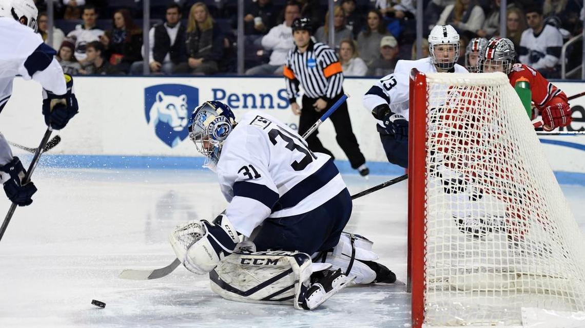 Penn State goalie Peyton Jones, pictured against Ohio State last weekend, made 31 saves in a 4-0 loss to Michigan on Friday.