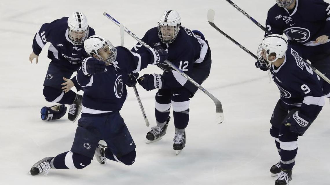 Penn State forward Liam Folkes, seen here last March, celebrates after scoring a game-winning goal against Wisconsin. He scored another another game-winning goal against Wisconsin last week.