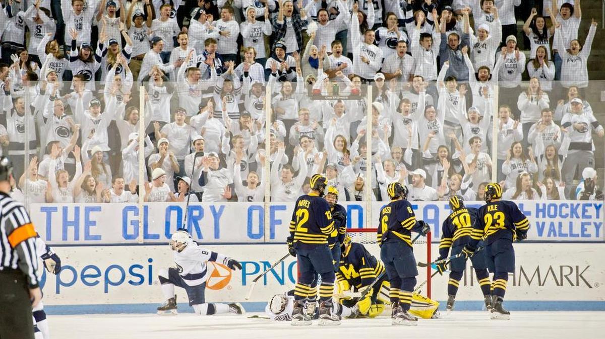 Penn State's Chase Berger celebrates his goal in the first period of the Thursday, January 28, 2016 game against Michigan at Pegula Ice Arena. Michigan won, 7-4.