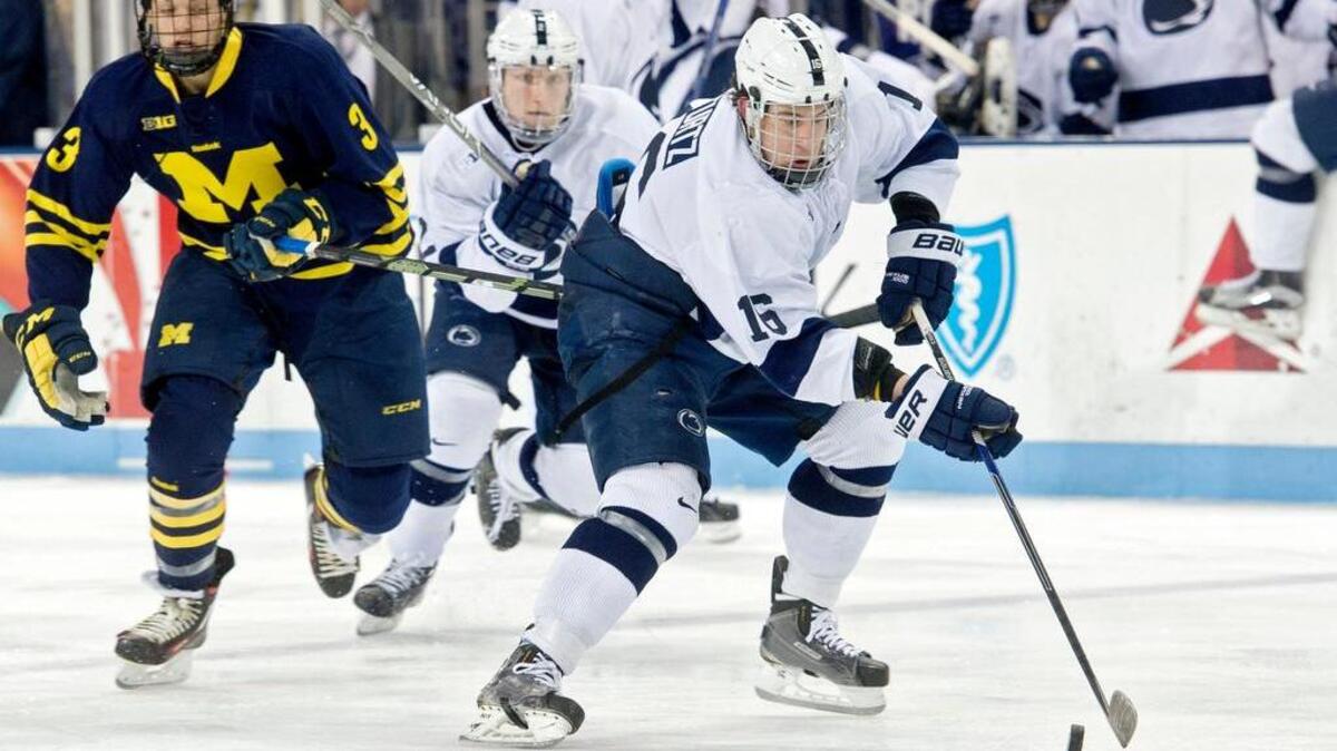 Penn State’s Andrew Sturtz skates down the ice during a game against Michigan last season at Pegula Ice Arena. Even with major departures and a large freshman class, the Nittany Lions aim to continue their trajectory toward becoming a national power this season.