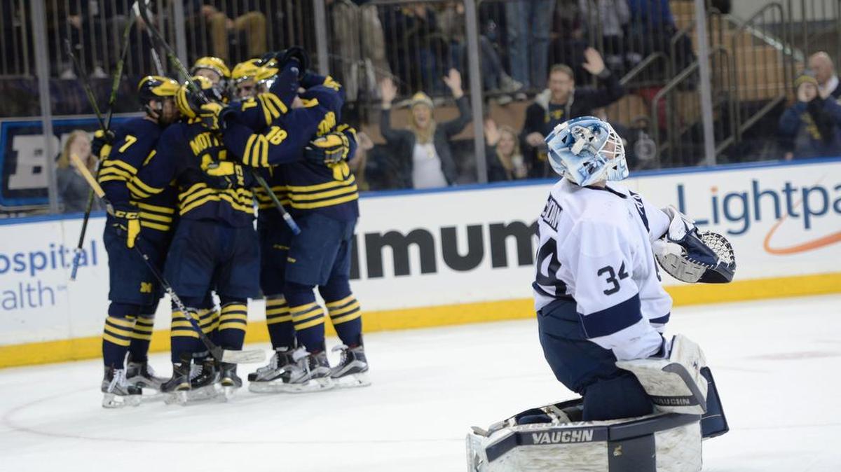Penn State goaltender Eamon McAdam (34) reacts after a Michigan goal earlier this season. The Wolverines beat the Nittany Lions in the Big Ten semifinals on Friday.