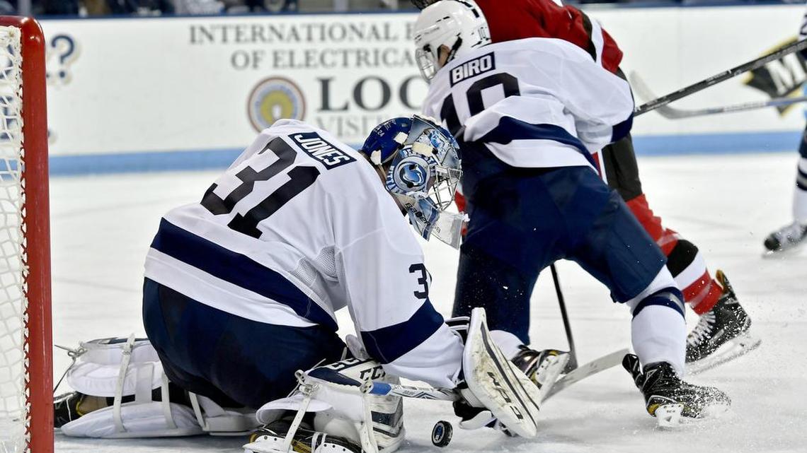 Penn State goalie Peyton Jones makes a save during the season opener against St. Lawrence on Thursday, October 6, 2016 at Pegula Ice Arena.
