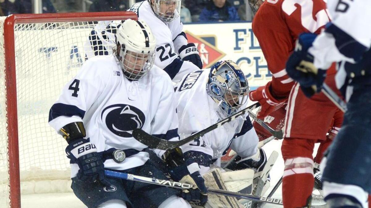 Penn State’s Kris Myllari (4), goalie Peyton Jones, center, and the No. 11 Nittany Lions visit Michigan this weekend to close the regular season.