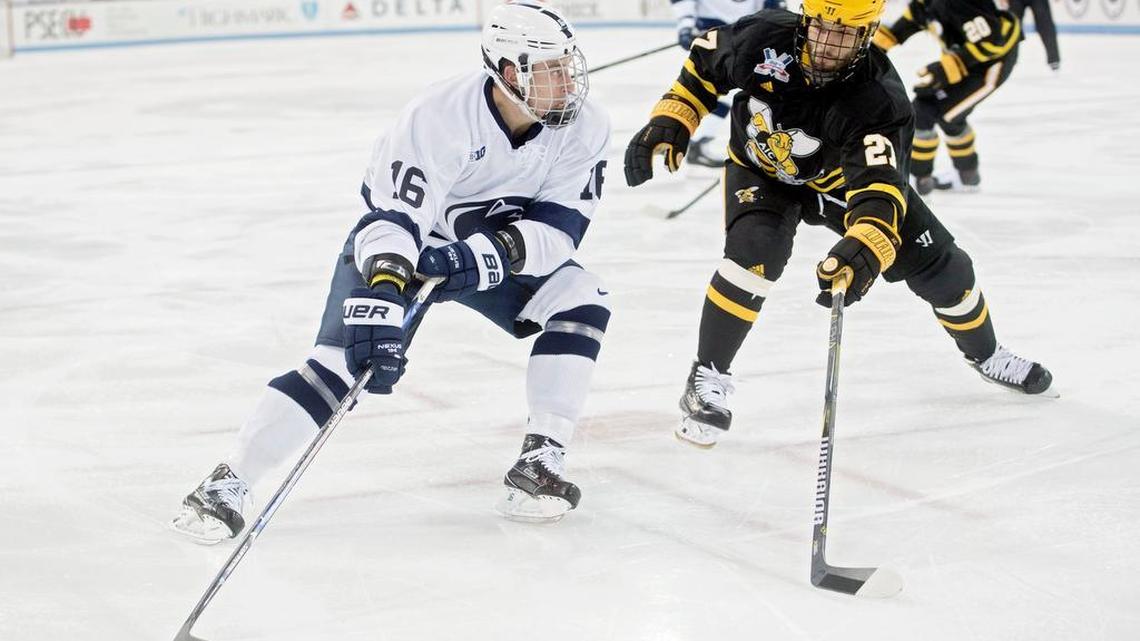 Penn State’s Andrew Sturtz, facing American International earlier this season, scored for the fourth straight game but the Nittany Lions lost 5-3 to Notre Dame on Friday.