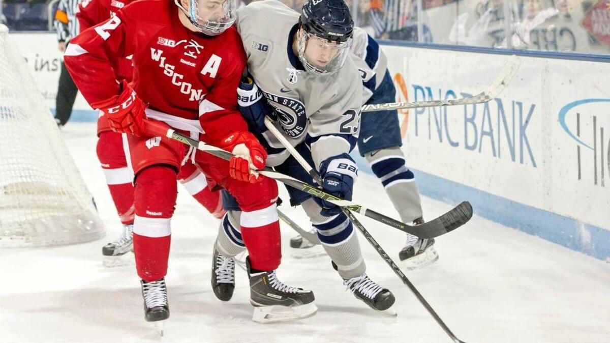 Wisconsin's Grant Besse and Penn State's Eric Scheid fight for the puck during the Saturday, January 16, 2016 game at Pegula Ice Arena. Penn State won, 4-1.