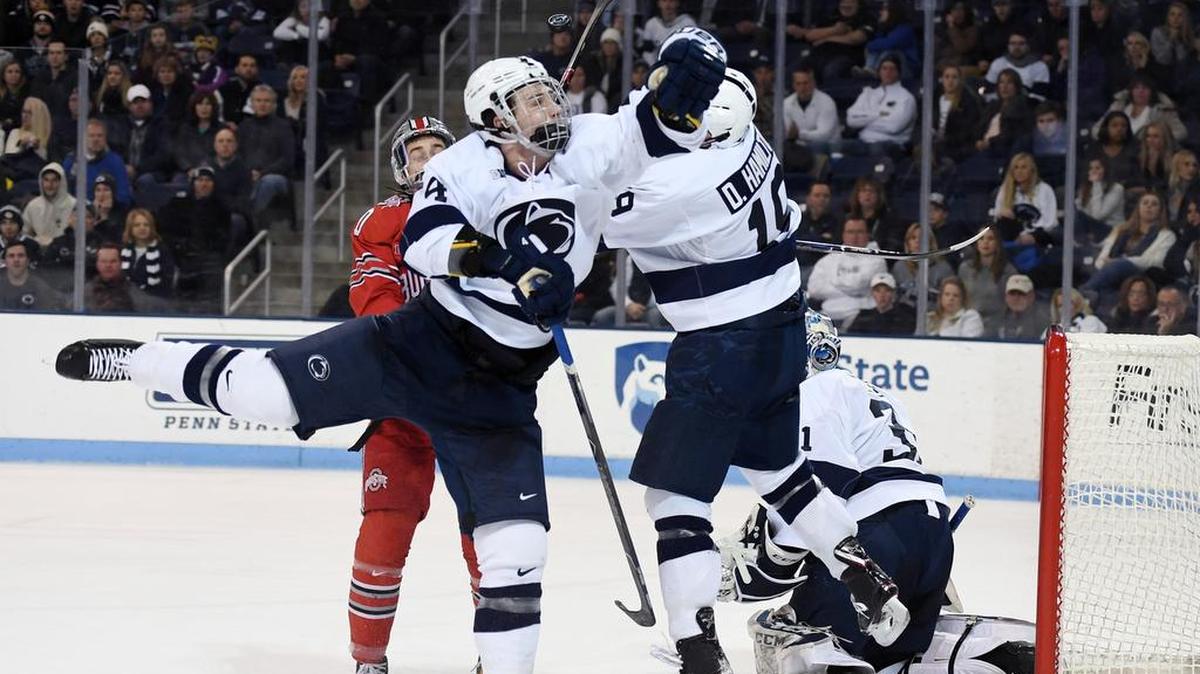 Penn State’s Kris Myllari (left), seen here earlier in the month, scored a goal Saturday against Michigan — but his Nittany Lions still fell 3-2.