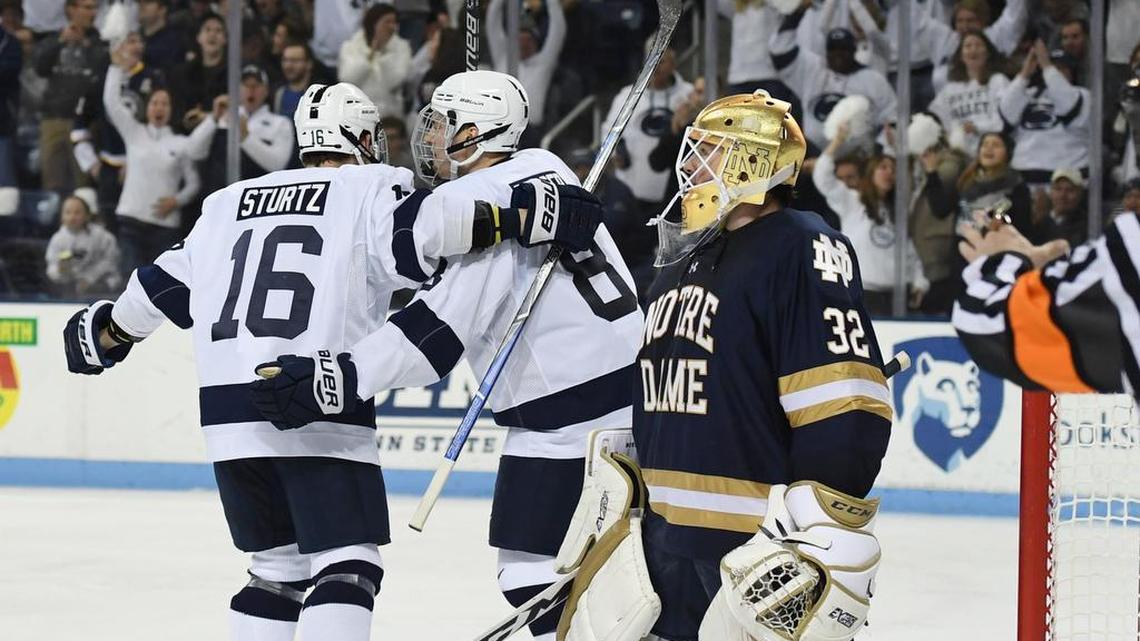 Penn State’s Andrew Sturtz, left, and forward Chase Berger celebrate Berger’s goal on Feb. 2 against Notre Dame. The teams meet again in the Big Ten tournament semifinals on Saturday in South Bend, Ind.
