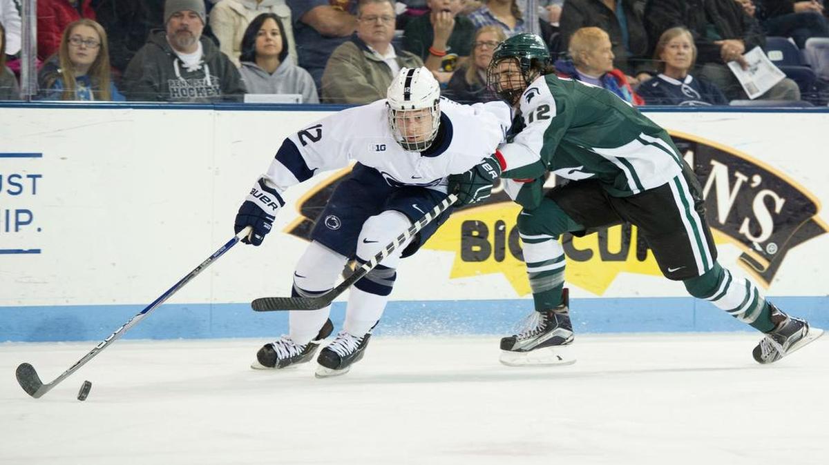 Penn State center Dylan Richard, left, will miss time with an injury for the third time in as many seasons this weekend with games at Wisconsin.