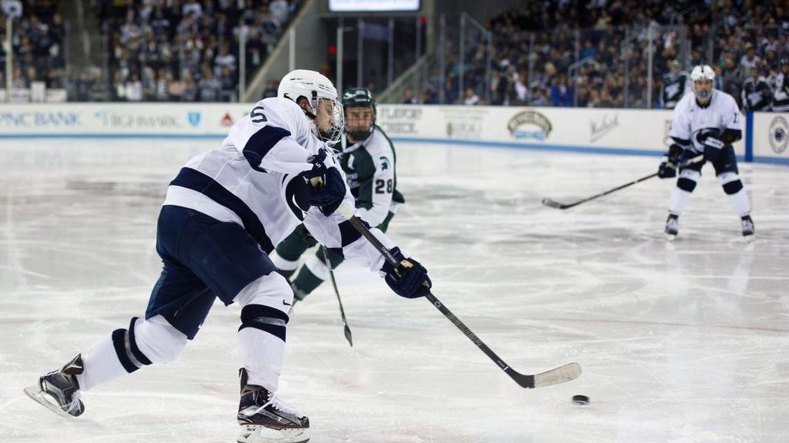 Penn State defenseman Kevin Kerr puts a shot on goal during the Nittany Lions’ 5-3 win over Michigan State Saturday, Jan 14, 2017 at Pegula Ice Arena.