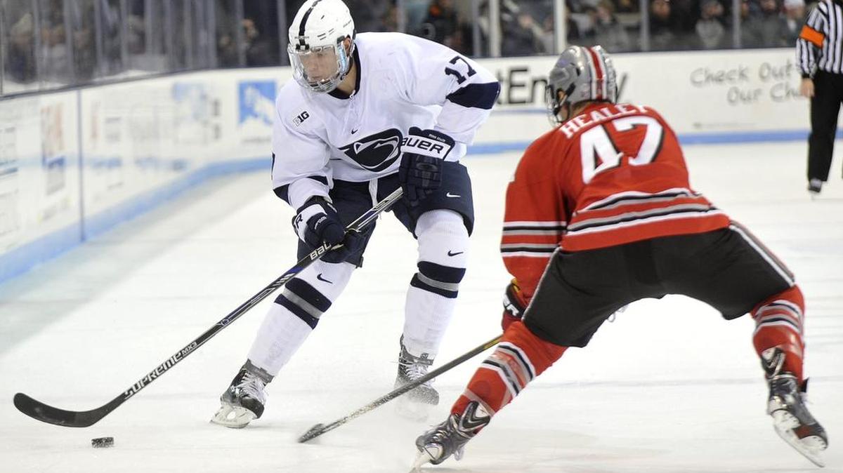 Penn State’s Zach Saar moves around Ohio State’s Josh Healey in 2015. Penn State lost to the Buckeyes on the road Saturday 5-1.