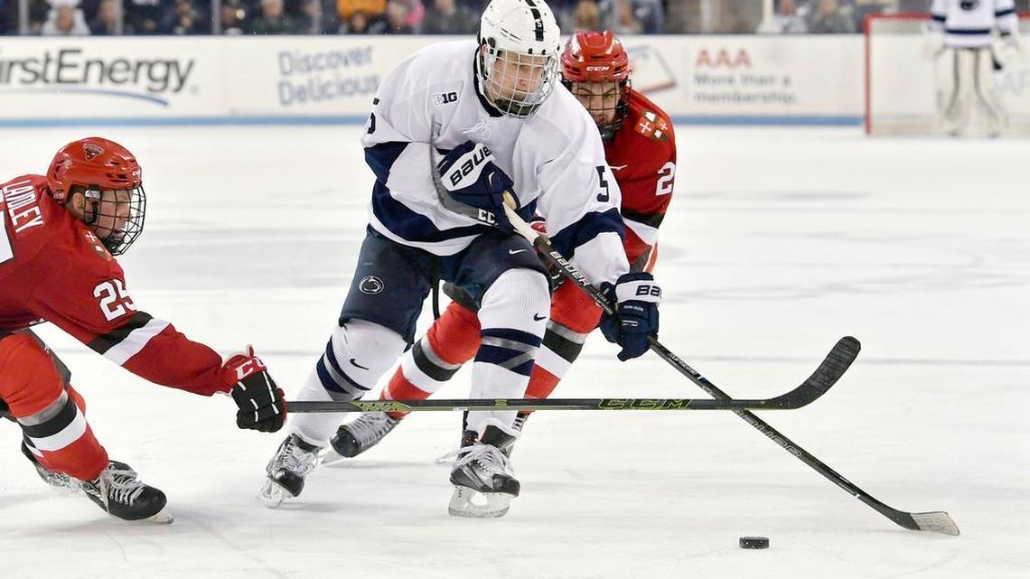 Penn State’s Kevin Kerr, seen here last season, is back on the ice after recovering from an injury suffered Feb. 10. “I feel great, and it’s really exciting to be back out there with the team,” he said.