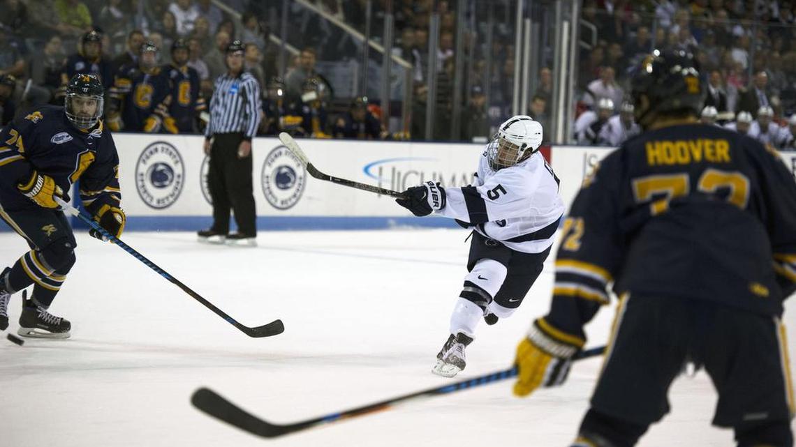 Penn State defense Kevin Kerr scores the first goal of the evening for Penn State against Canisius Saturday at Pegula Ice Arena.