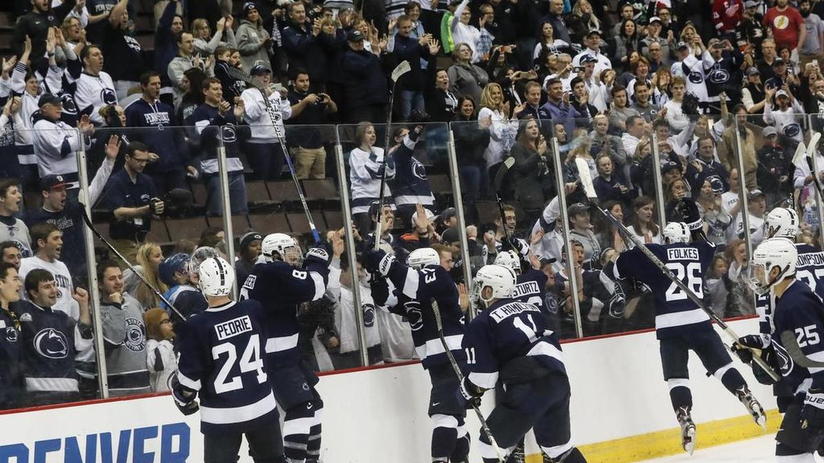 Penn State players greet their fans after winning the regional semifinal 10-3 against Union in the NCAA tournament on March 25 in Cincinnati.