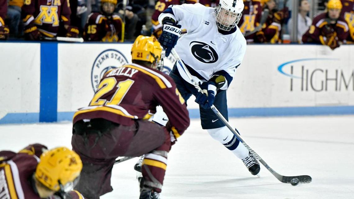 Penn State’s Kris Myllari shoots for a goal during the Friday, February 17, 2017 game at Pegula Ice Arena. Minnesota won, 6-3.