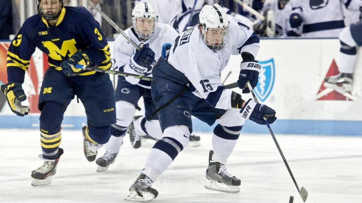 Penn State’s Andrew Sturtz (16) has 42 career goals, three shy of Casey Bailey’s program record. The Nittany Lions play their home opener Thursday against American International.
