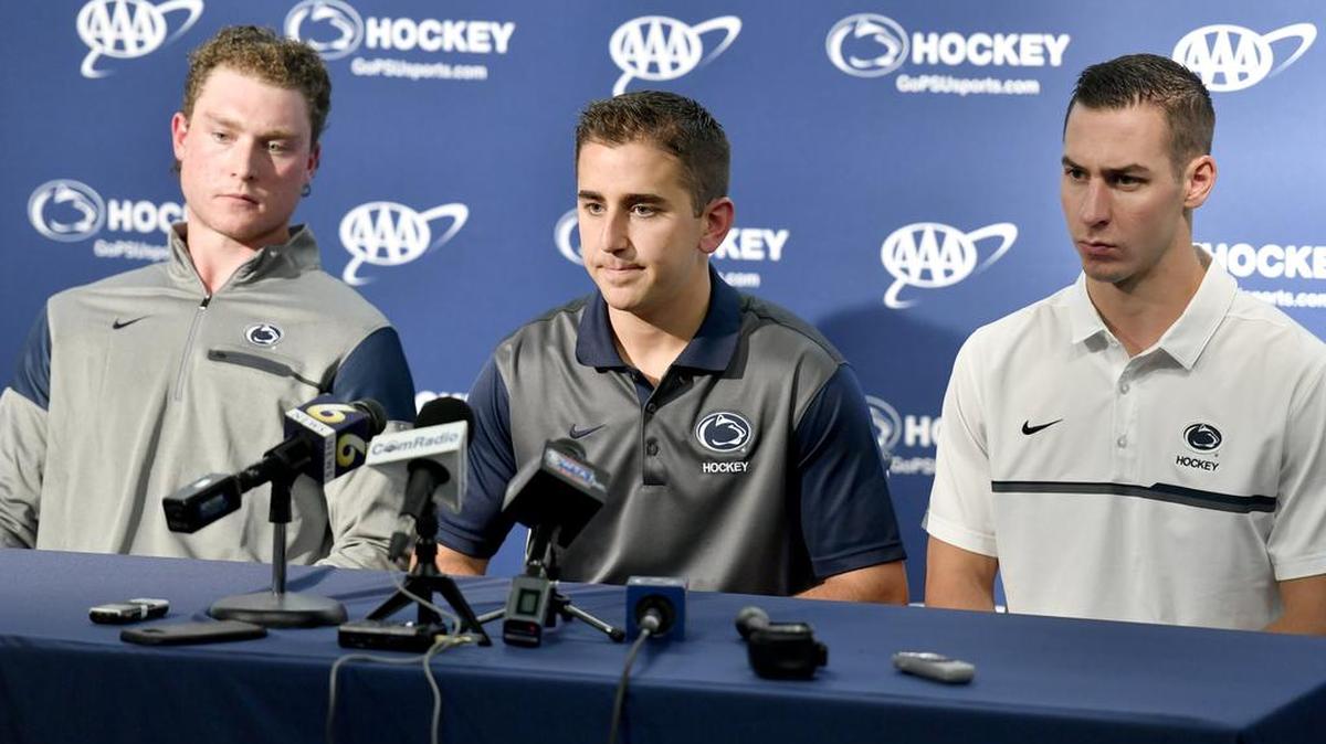 Penn State hockey players James Robinson, David Goodwin and Ricky DeRosa answer questions about the upcoming season during media day on Thursday at Pegula Ice Arena.