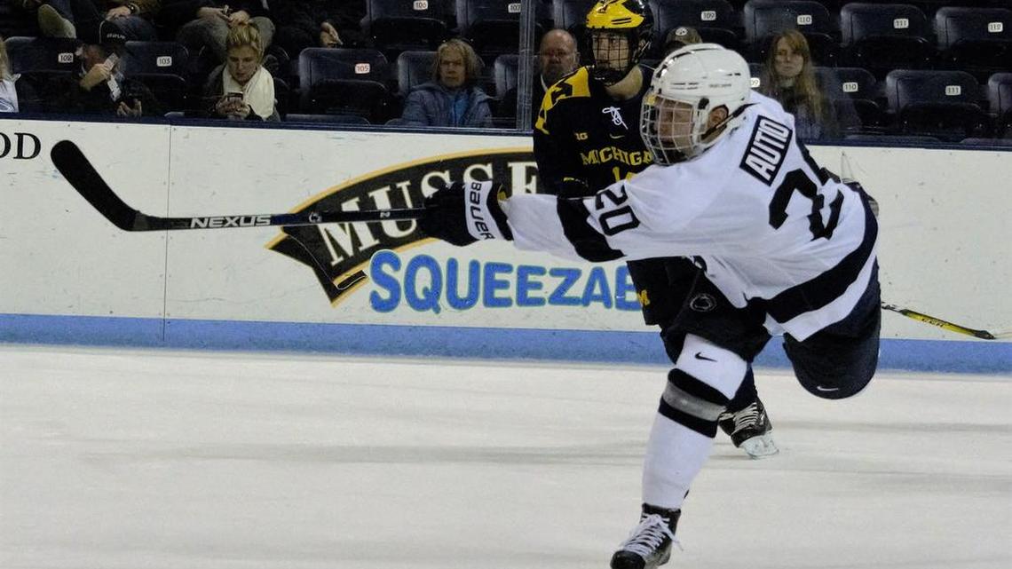 Defenseman Erik Autio (20) and the Penn State men’s hockey team hosts Michigan State on Friday and Saturday at Pegula Ice Arena.