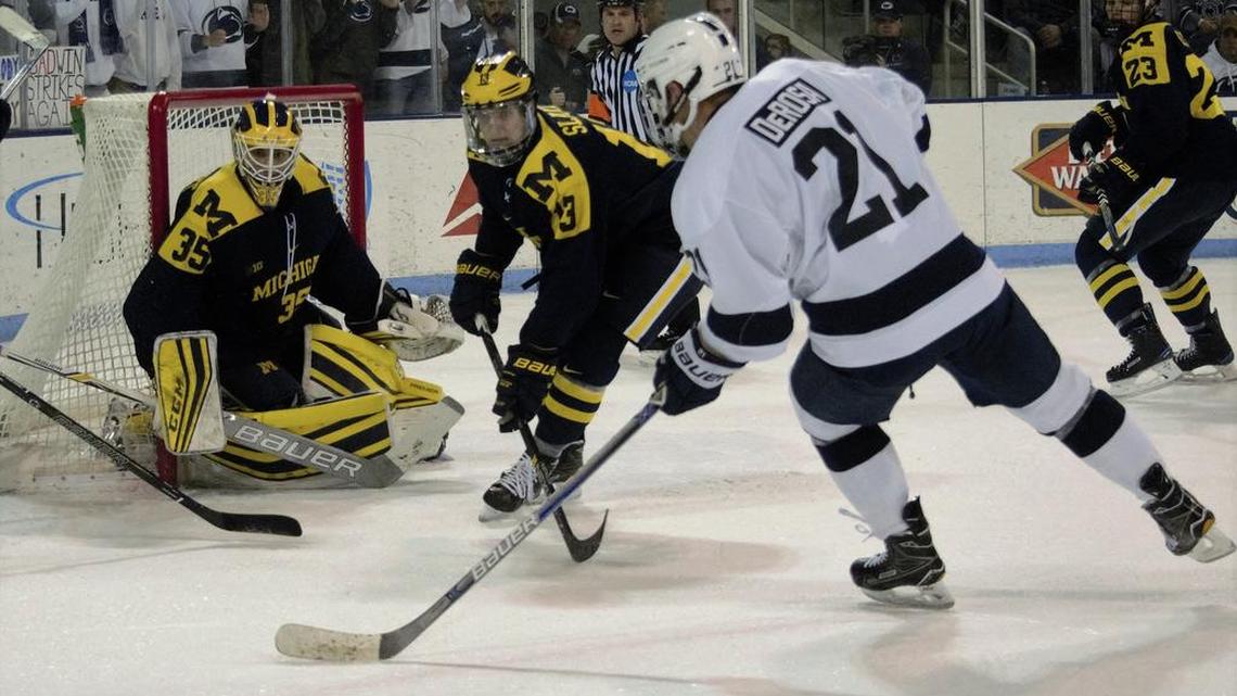 Michigan goalie Zach Nagelvoort (35) made 46 saves to shut out the Penn State men’s hockey team 4-0 Saturday night.