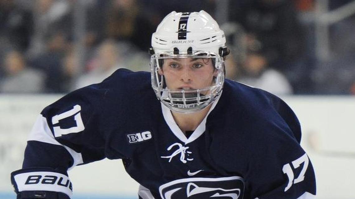 Penn State hockey forward Evan Barratt skates down the ice rink during an exhibition game against Ottawa Sunday, Oct. 1, 2017 at Pegula.
