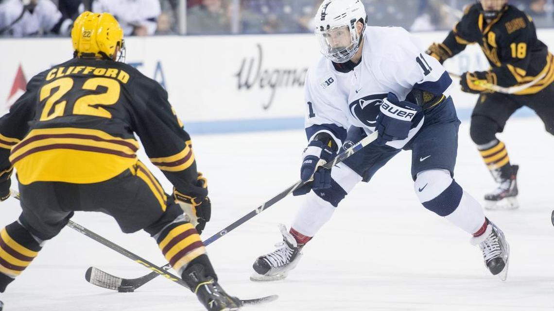 Arizona State’s Jake Clifford can’t stop Penn State’s Trevor Hamilton as he skates down the ice with the puck in 2016 at Pegula Ice Arena. The senior defenseman is among national leaders in scoring, while also a solid leader on defense.