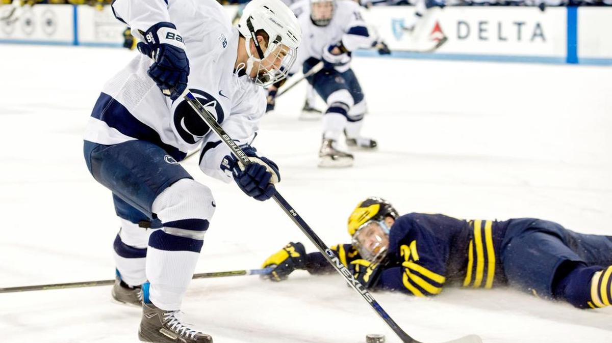 Penn State’s David Goodwin, left, and the Nittany Lions start the Big Ten hockey schedule this week against Michigan on Thursday and Friday at Pegula Ice Arena.
