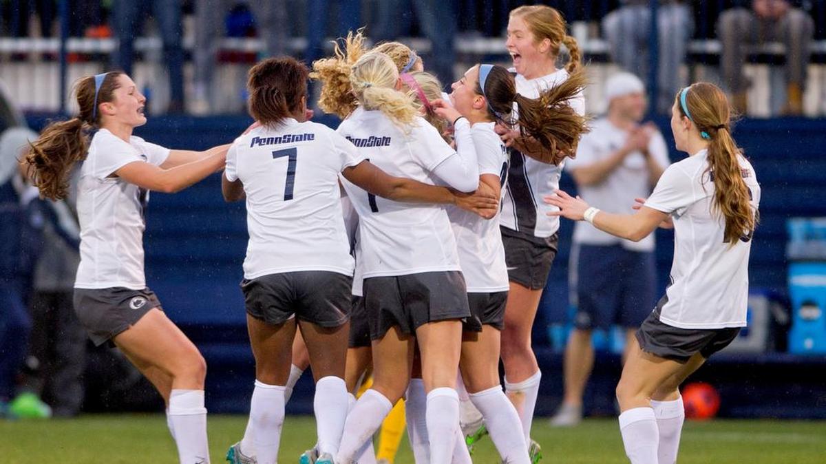 Penn State celebrates a goal by Emily Ogle during a 2-0 win over West Virginia in the NCAA quarterfinals at Jeffrey Field last season. The Nittany Lions went on to win the national championship. The teams meet again Friday to open the 2016 season.