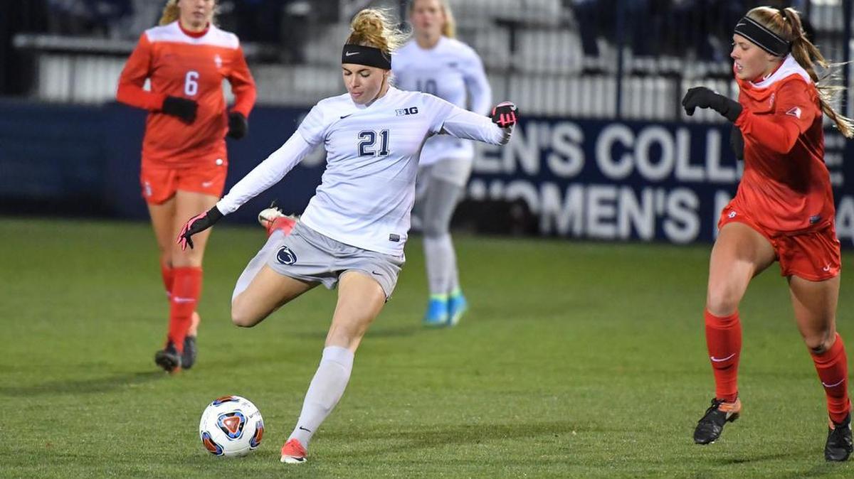 Penn State’s Laura Freigang (21) scores her first of three goals during the Nittany Lions game with Stonybrook on Friday. Said one of her teammates: “She’s been our go-to player and has really come in big for us when we need her.”