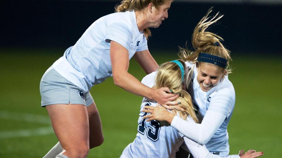 Penn State midfielder Charlotte Williams, right, hugs midfielder Haleigh Echard after Williams scored a goal during a game against Bucknell University Friday, Nov 11, 2016 at Jeffrey Field.