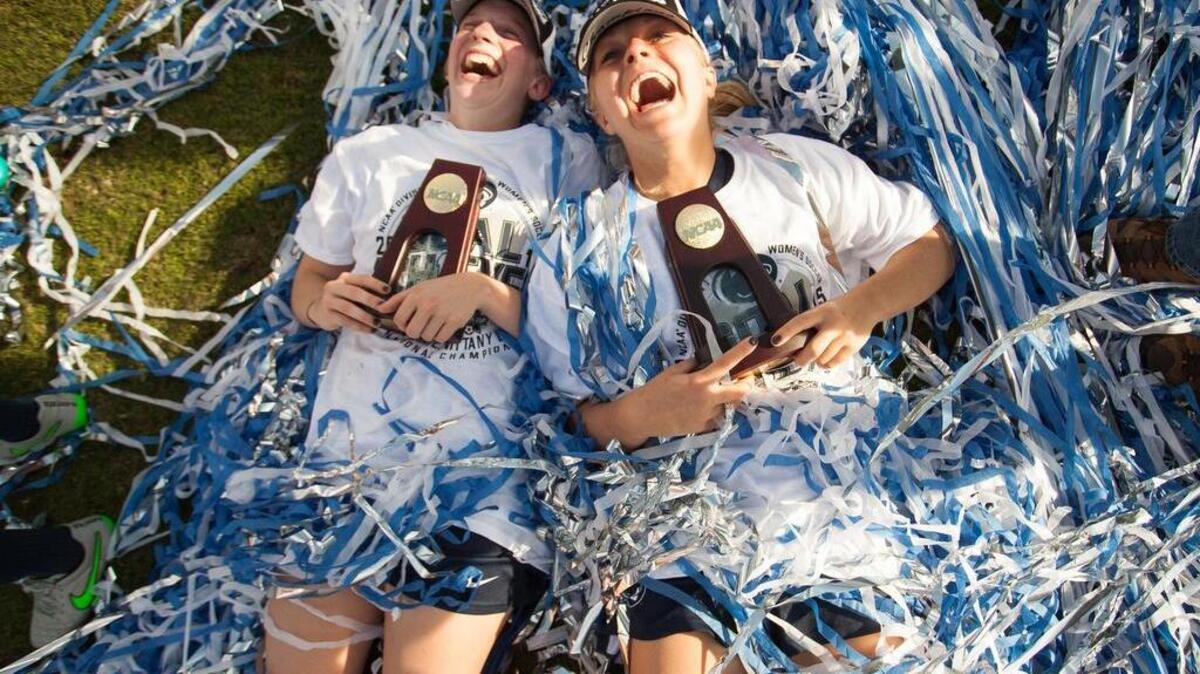 Penn State players celebrate after winning the NCAA Women’s College Cup soccer final against Duke 1-0 in Cary, N.C., on Sunday.