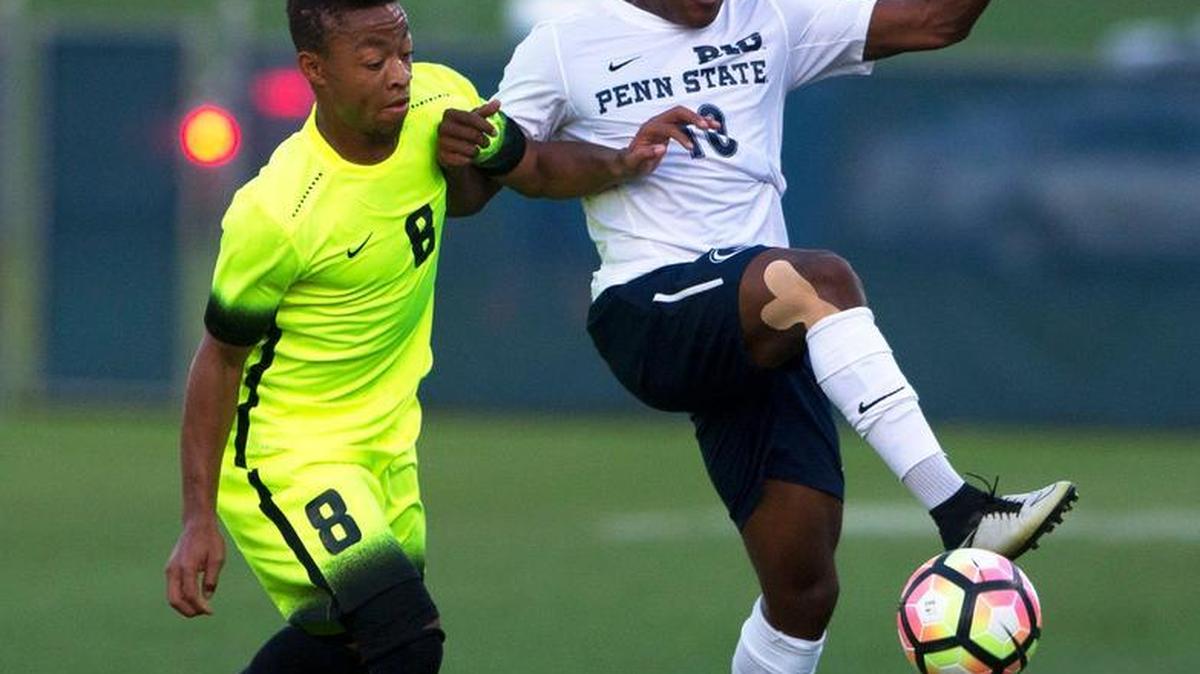 Penn State Dayonn Harris attempts to keep the ball in play during a game against Oakland Monday, Sept 5, 2016 at Jeffrey Field.