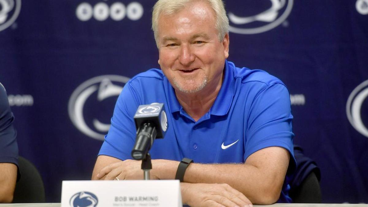 Penn State men's soccer coach Bob Warming answers questions during Penn State fall sports media day on Wednesday at the Bryce Jordan Center.