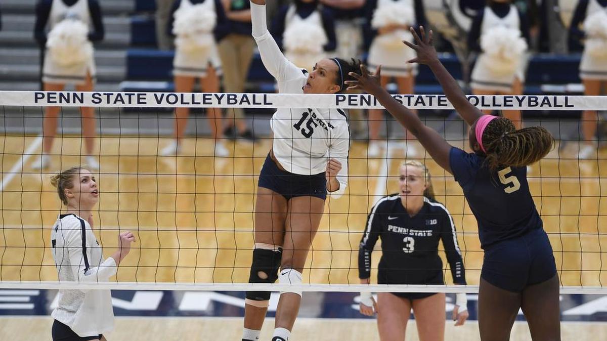 Penn State middle blocker Haleigh Washington spikes the ball during the Nittany Lions’ win over Pitt in the second round of NCAA tournament on Saturday night at Rec Hall.