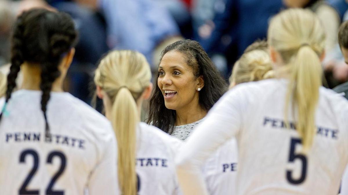 Penn State women’s volleyball associate head coach Salima Rockwell talks to players during the the NCAA women’s tournament in December 2015. Rockwell announced Friday that she’s retiring after seven years on staff with the Nittany Lions.