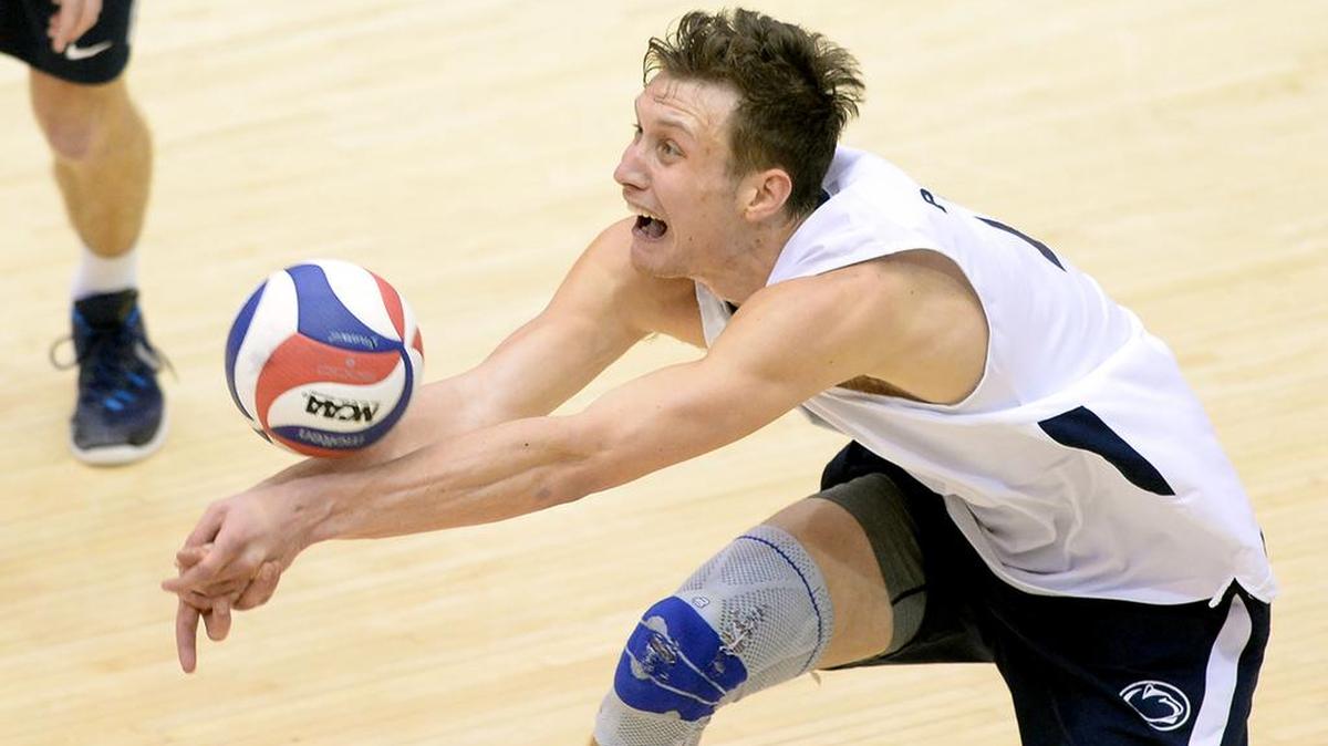 Penn State’s Spencer Sauter (11) saves the ball Saturday night at Recreation Hall. Ohio State defeated Penn State, 3-2. (For the CDT/Steve Manuel)