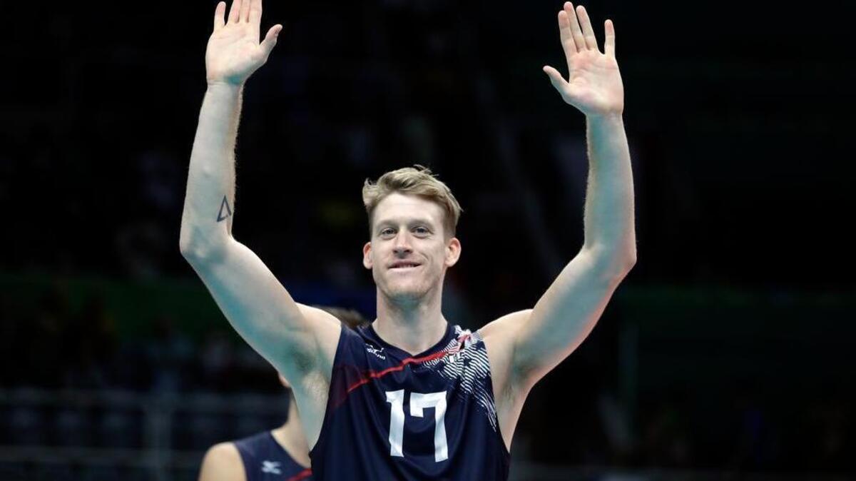United States’ and former Penn State standout Maxwell Holt celebrates after defeating Mexico during a men’s preliminary volleyball match Monday at the 2016 Summer Olympics in Rio de Janeiro.