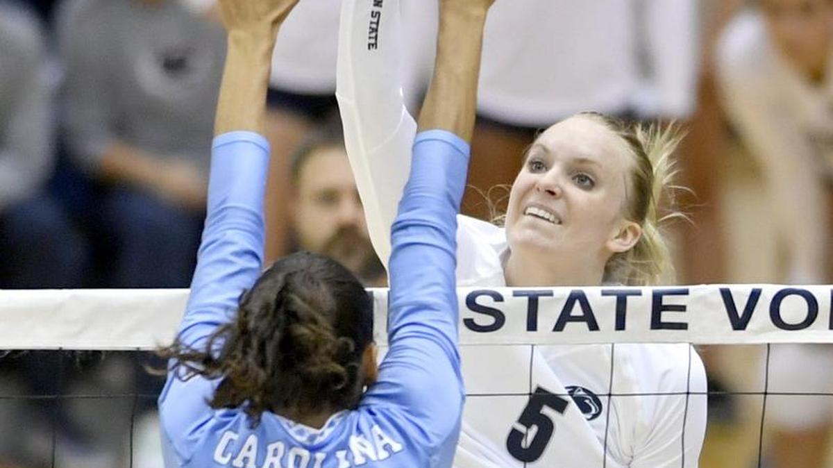 PennS tate's Ali Frantti hits the ball past North Carolina's Taylor Treacy during the Saturday, Aug. 27, 2016 match in Rec Hall.