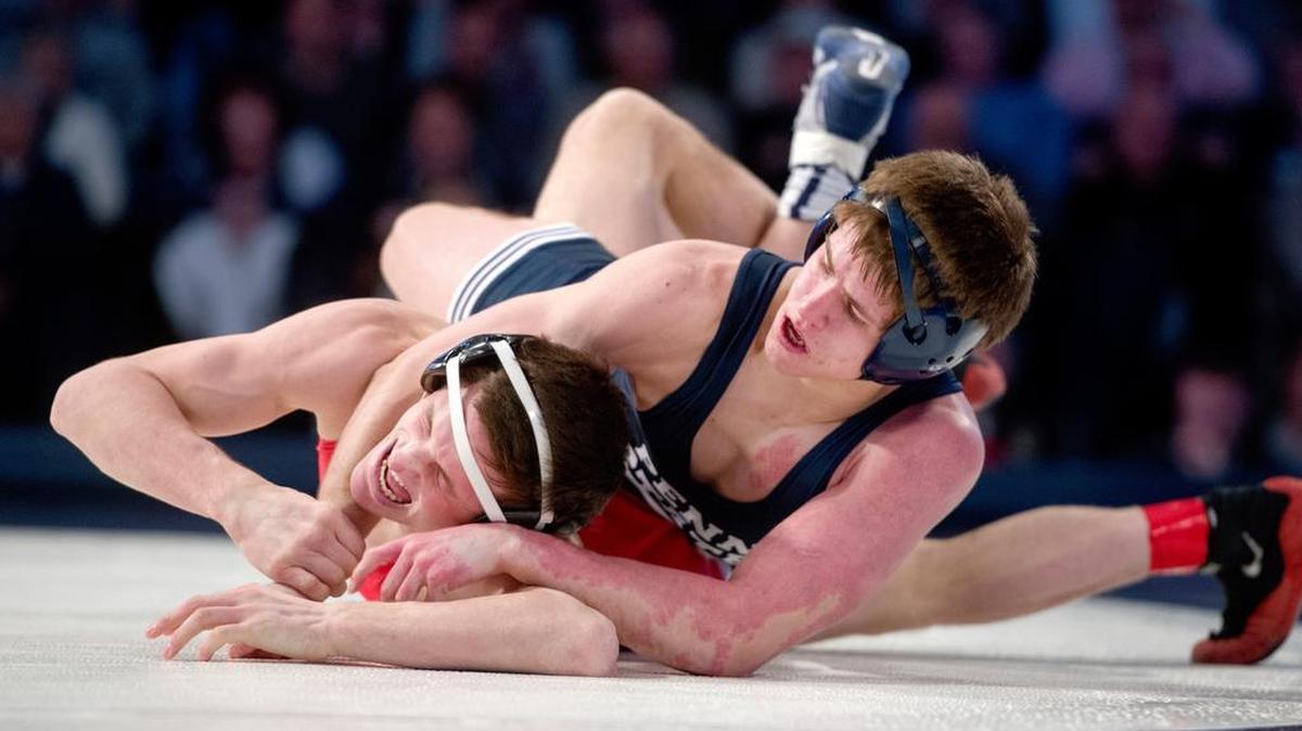 Penn State’s Jordan Conaway controls Ohio State’s Johnni DiJulius in his 8-4 win at 133 pounds during Nittany Lions’ 24-14 victory on Friday night inside the Bryce Jordan Center.