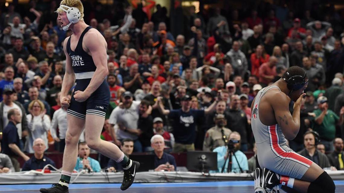 Penn State’s Bo Nickal reacts after pinning Ohio State’s Myles Martin to clinch the team title in the 184 pounds finals during the NCAA Division I Wrestling Championships on Saturday at the Quicken Loans Arena in Cleveland.