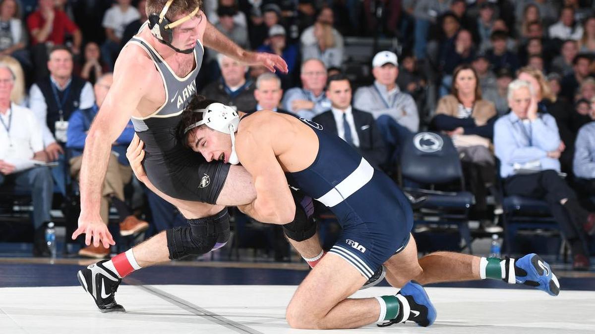 Penn State’s Anthony Cassar takes down Army’s Rocco Caywood at 197 lbs Thursday at Recreation Hall. Cassar defeated Caywood, 10-3. Penn State defeated Army, 45-3.