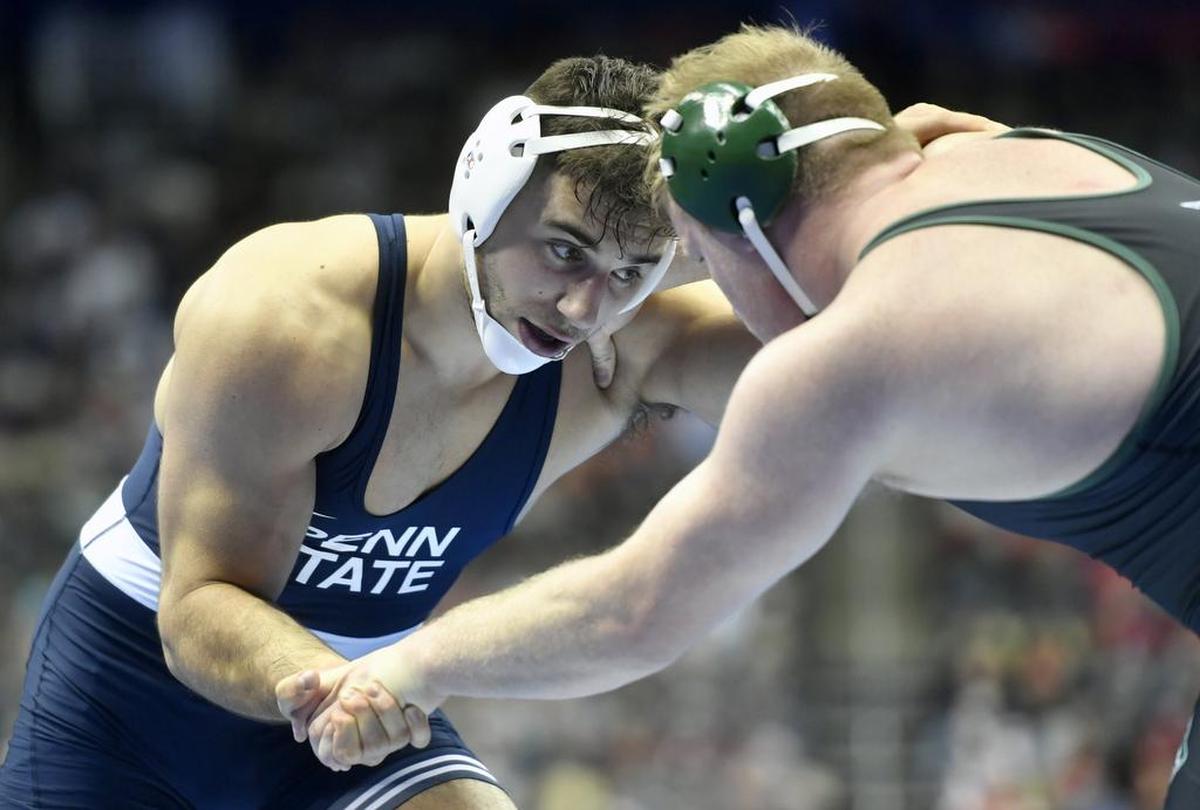 Penn State’s Anthony Cassar wrestles Utah Valley’s Tate Omdorff in the 285 lb bout during the sweet sixteen round of the NCAA Division 1 Wrestling championships on Thursday, March 21, 2019 at PPG Paints Arena. Cassar won by major decision, 10-2.
